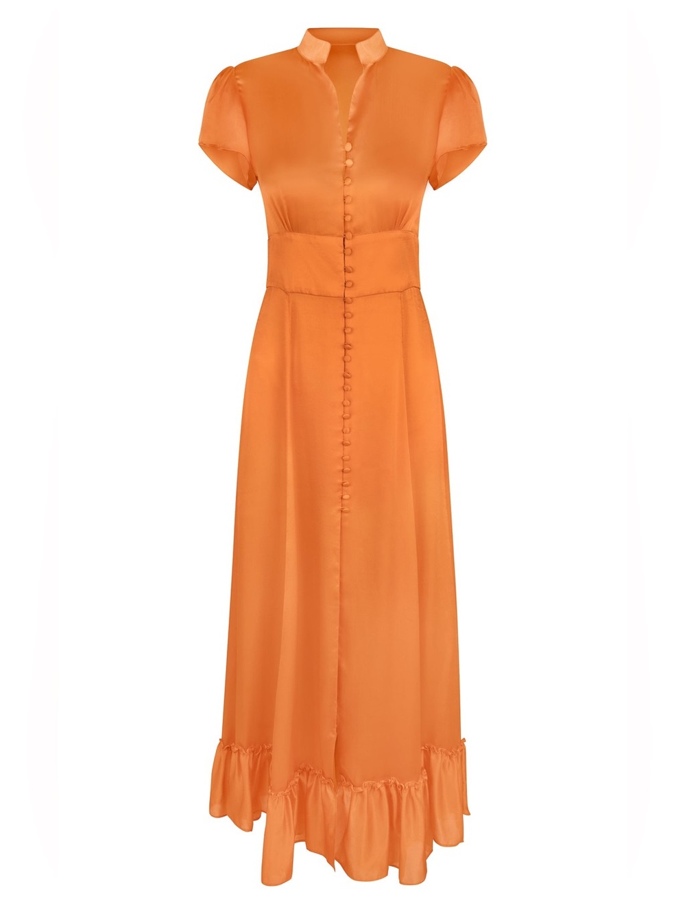 Elegant Orange Maxi Dress with Button Front and Ruffle Hem
